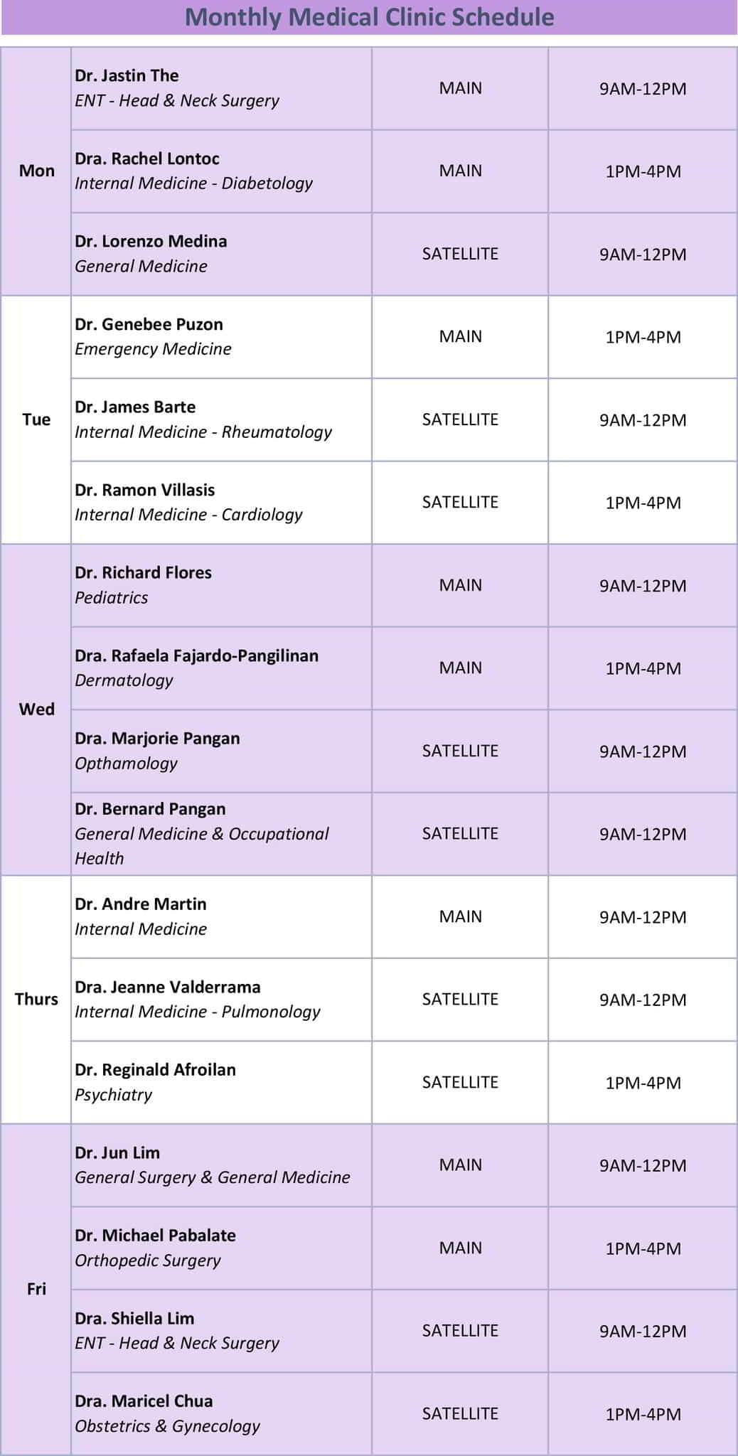 Clinic & Dental schedule